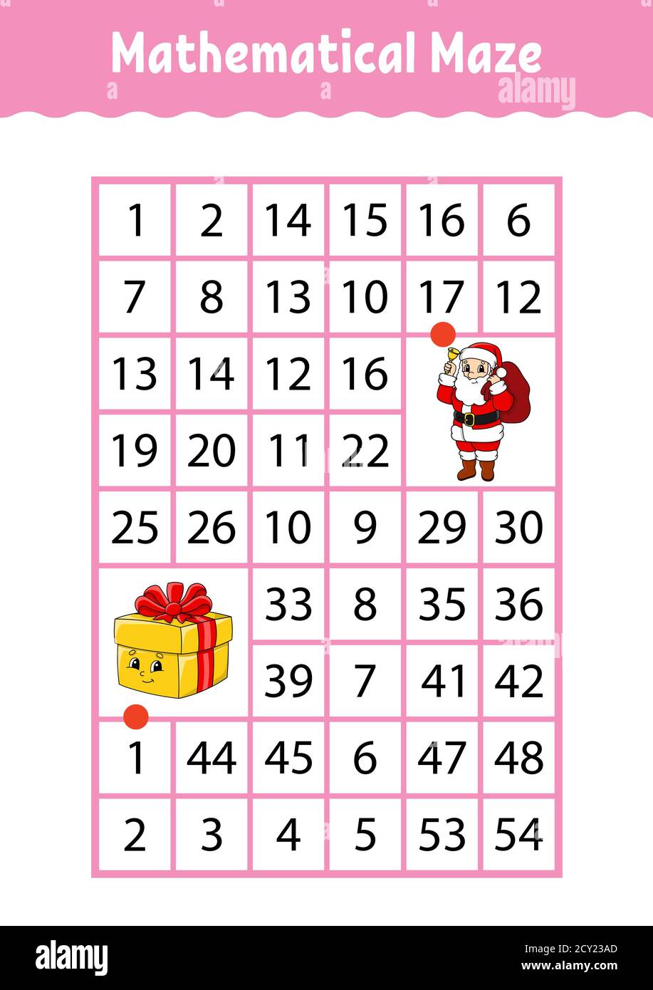 Labirinto rettangolare matematico. Gioco per bambini. Numero labirinto. Foglio di lavoro Education. Pagina attività. Indovinello per bambini. Personaggi cartoni animati. Illustrazione Vettoriale