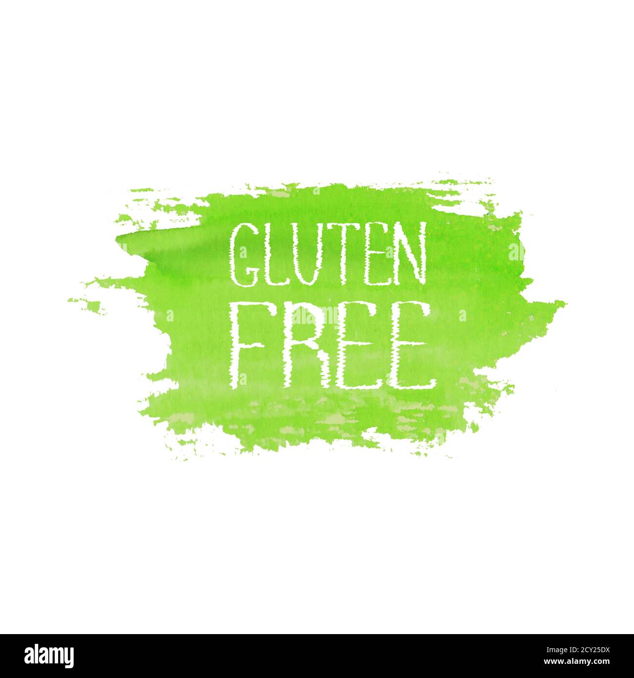 Modello di design con logo del concetto di cibo senza glutine. Simbolo di etichetta verde acquerello disegnato a mano. Scritta senza glutine cibo su tessuto pennello verde acquerello Foto Stock