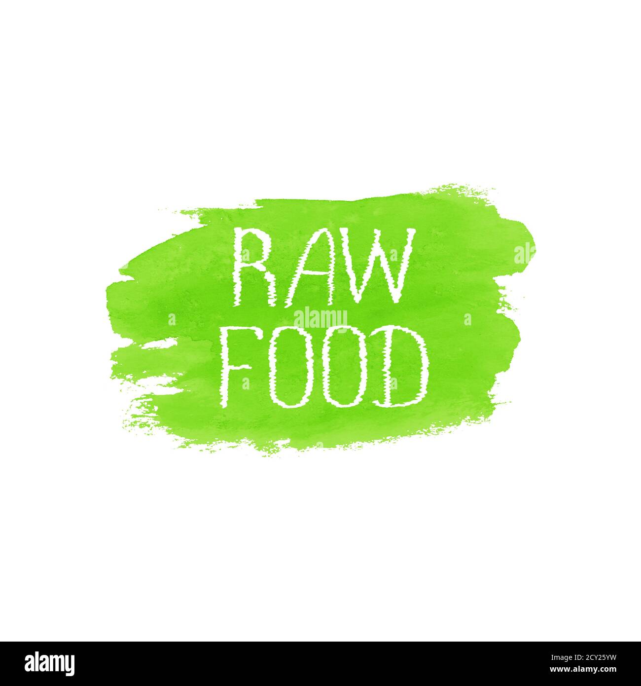 Modello di design del logo del concetto di cibo grezzo. Banner poster con emblema di etichetta disegnata a mano in acquerello verde. Lettering Raw Food sulla texture pennello verde acquerello s. Foto Stock
