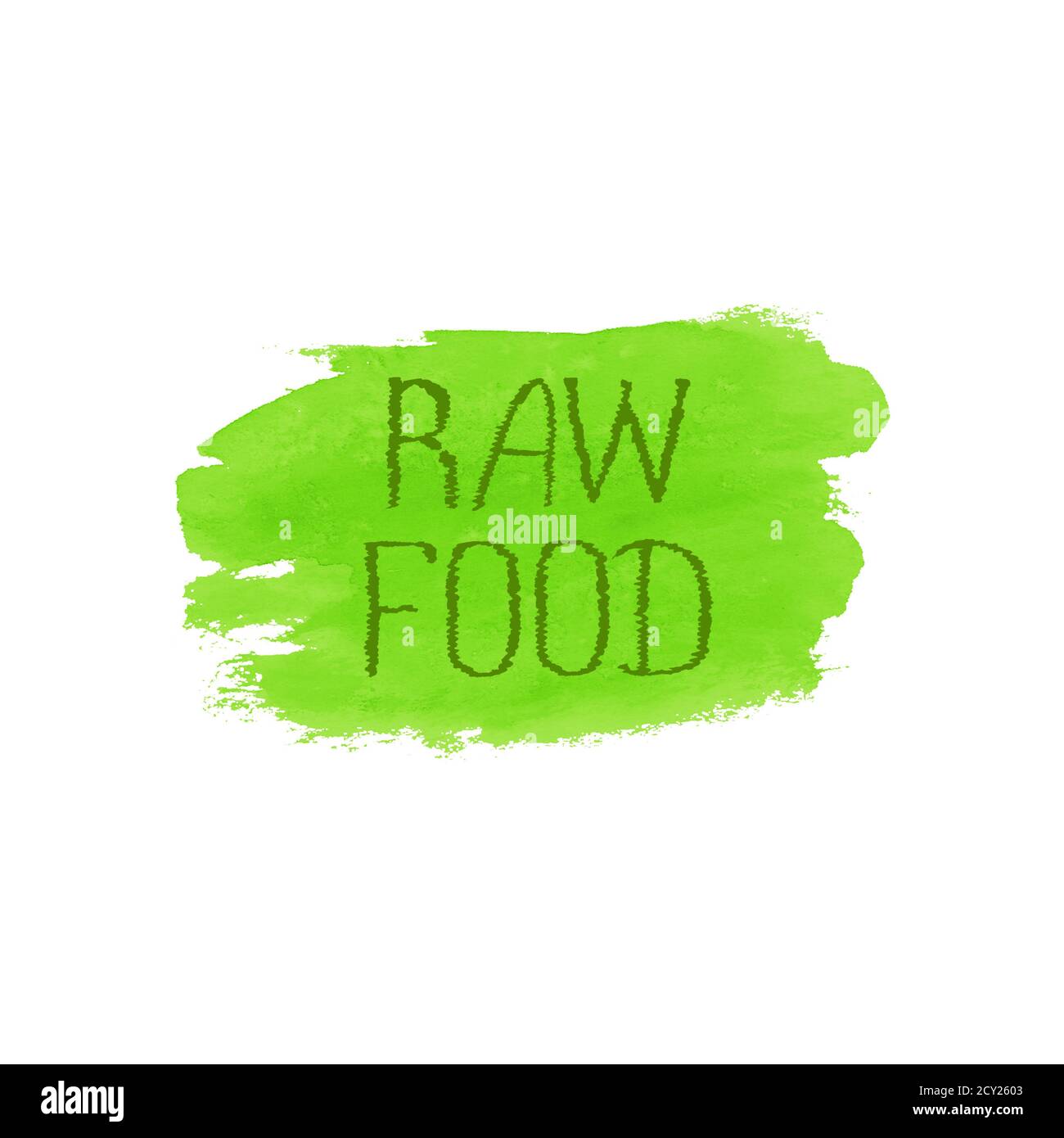 Modello di progettazione del concetto di cibo grezzo. Banner poster con logo stampato a mano con il simbolo di un'etichetta di colore verde acquerello. Scritta Raw Food su pennello verde acquerello testurizzato Foto Stock