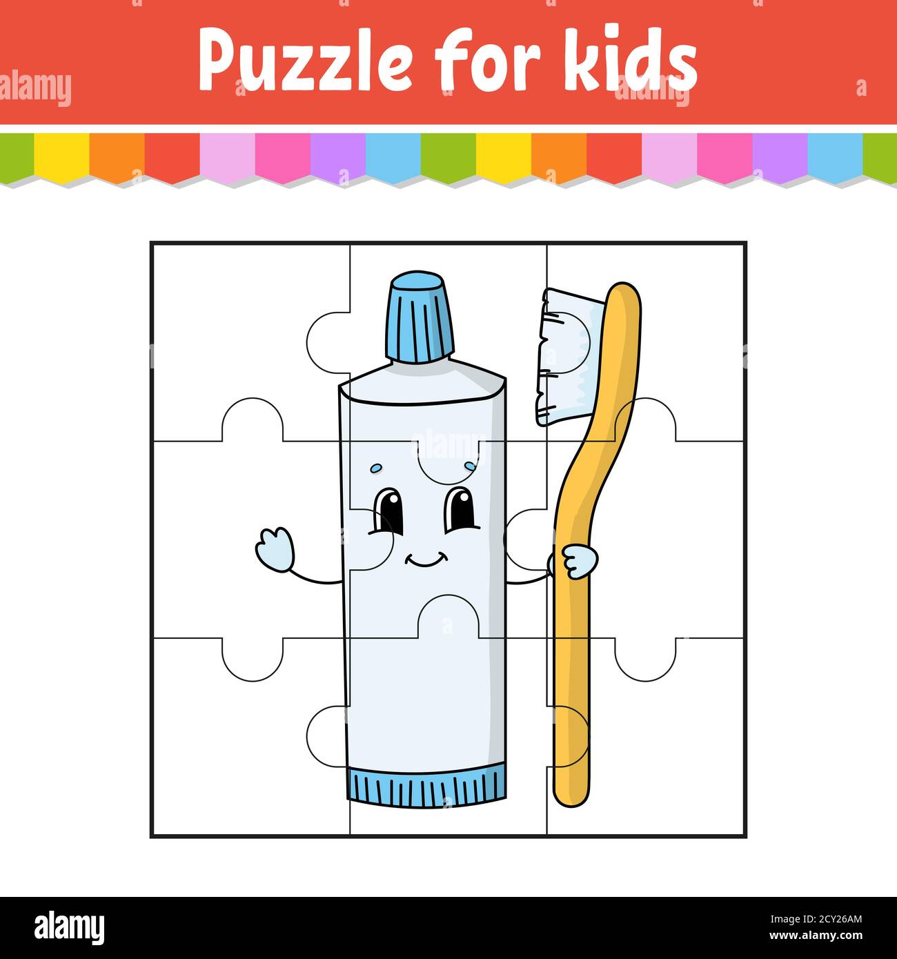 Gioco di puzzle per bambini. Pezzi di seghetto alternativo. Foglio di lavoro a colori. Pagina attività.illustrazione vettoriale isolata. Stile cartone animato. Illustrazione Vettoriale