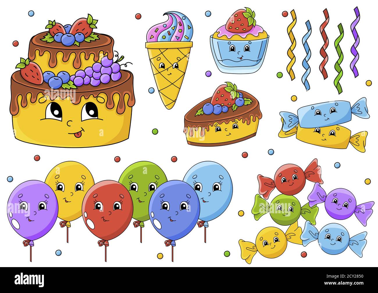 Set di adesivi con simpatici cartoni animati. Tema buon compleanno. Disegnato a mano. Confezione colorata. Illustrazione vettoriale. Patch Badges collection. Etichetta des Illustrazione Vettoriale