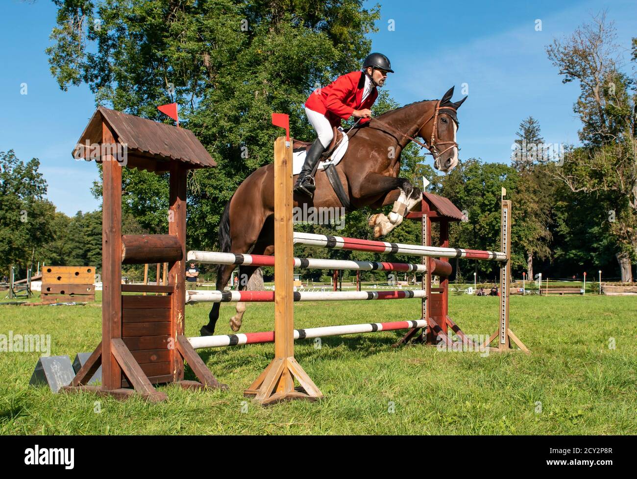 Vista ad angolo basso di un cavaliere maschile e di un cavallo che salta sopra una recinzione in un processo di eventing showjumping, Repubblica Ceca Foto Stock