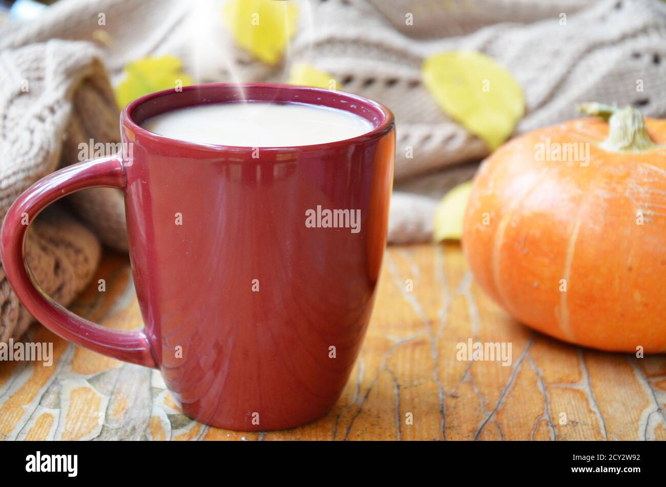 Pumpkin Spice Latte. Tazza di latte con ingredienti di stagione autunno spezie, cookie e decor di caduta. Tradizionale bevanda di caffè per vacanze d'autunno. Foto Stock