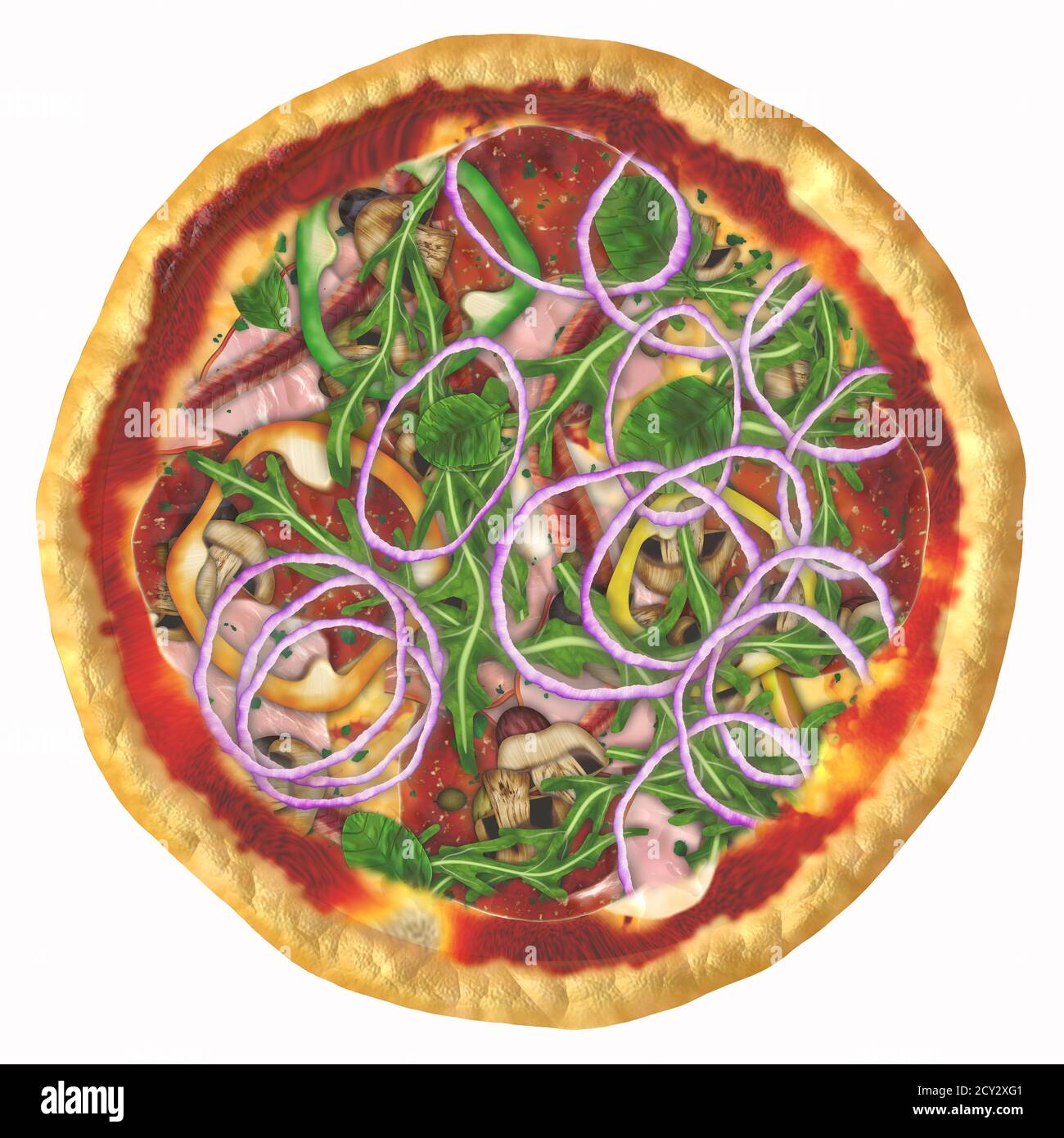 Appetitoso 3-D Illustrazione della pizza italiana al forno con tutti gli ingredienti: Pomodori, cipolla, prosciutto, rucola, basilico, paprika, funghi, olive, formaggio alto Foto Stock