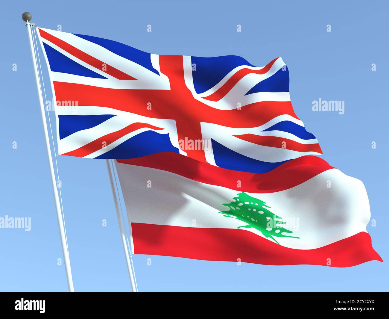 Due bandiere di stato sventolanti del Regno Unito e del Libano sul cielo blu. Background aziendale di alta qualità. illustrazione 3d Foto Stock