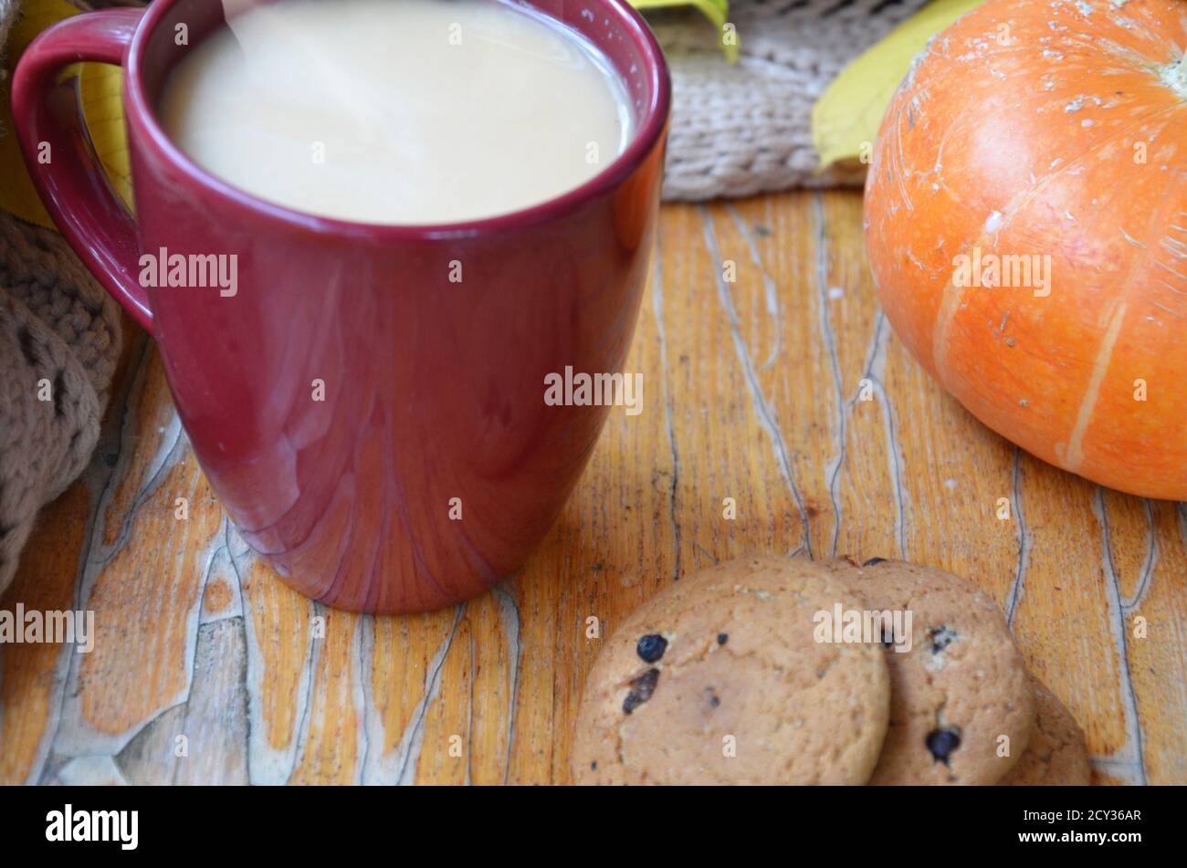 Pumpkin Spice Latte. Tazza di latte con ingredienti di stagione autunno spezie, cookie e decor di caduta. Tradizionale bevanda di caffè per vacanze d'autunno. Foto Stock