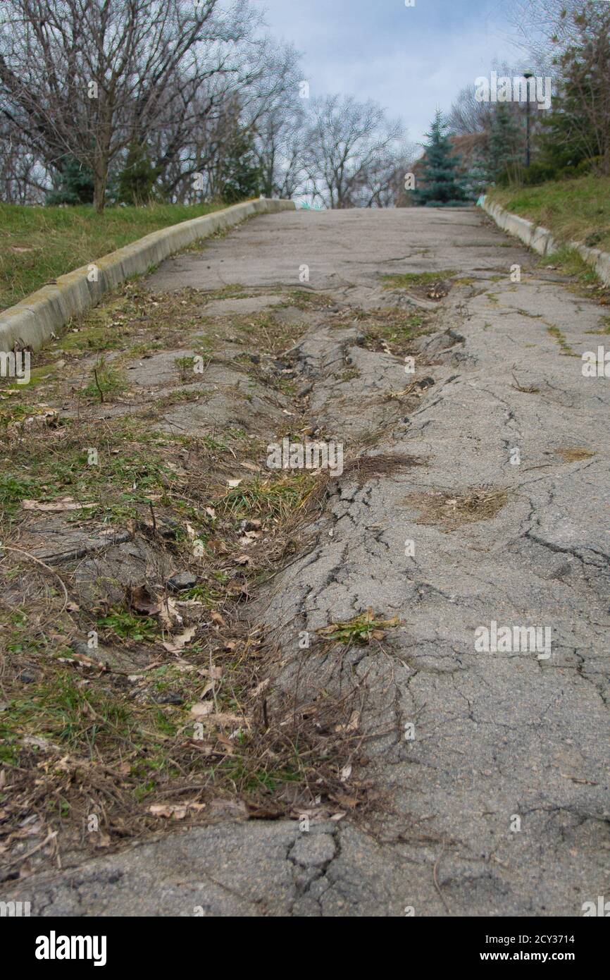 Cattiva strada asfaltata nel parco in una giornata invernale. Attraverso l'asfalto rotto l'erba cresce Foto Stock