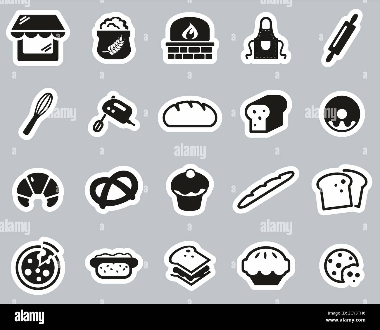 Icone panetteria o panetteria Set di adesivi Bianco e nero Big Illustrazione Vettoriale
