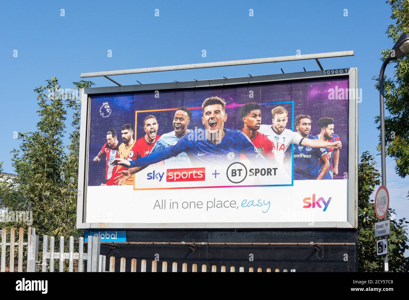Sky Sports advertising Hoarding Alexandra Avenue, Rayners Lane, London Borough of Harrow, Greater London, England, United Kingdom Foto Stock