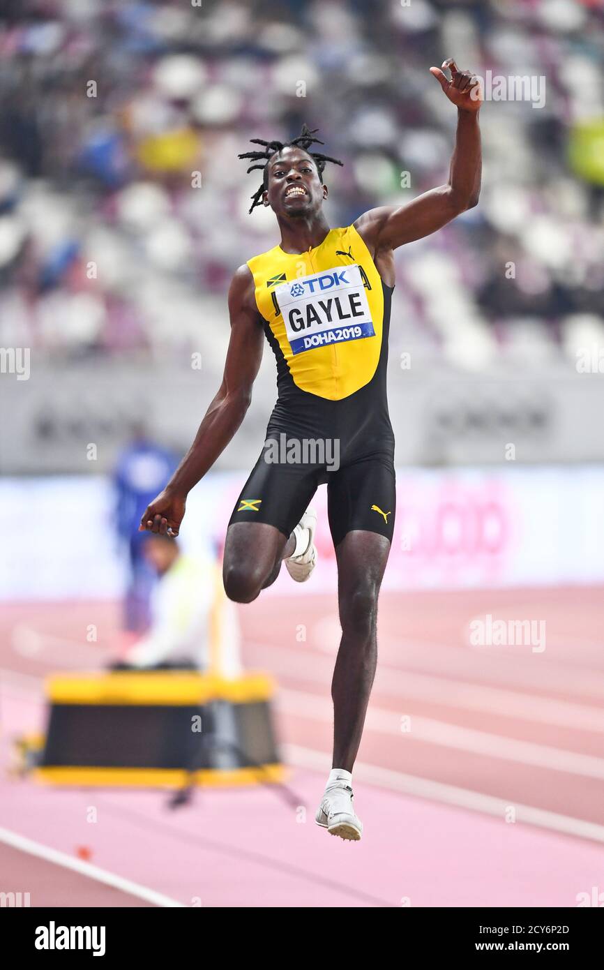 Tajay Gale (Giamaica) vince la medaglia d'oro nel salto in lungo finale degli uomini. IAAF mondiale di atletica, Doha 2019 Foto Stock