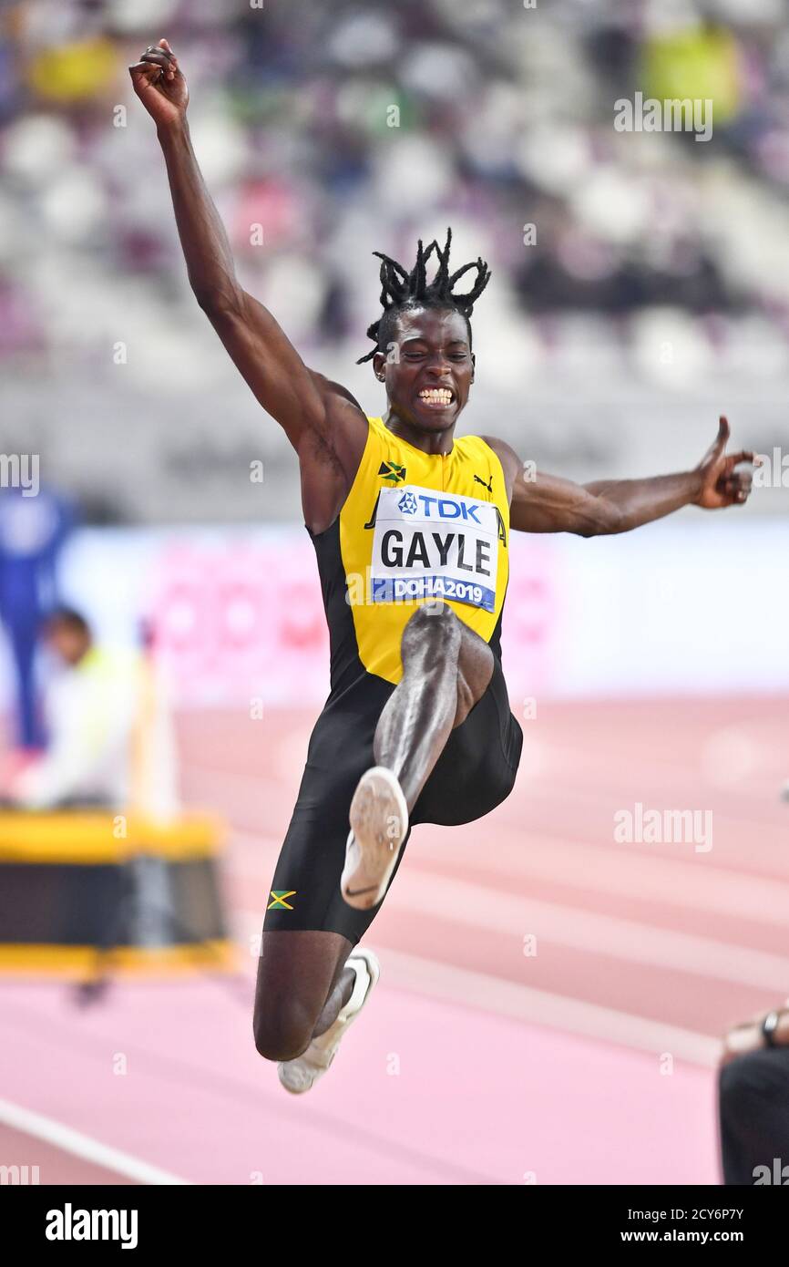 Tajay Gale (Giamaica) vince la medaglia d'oro nel salto in lungo finale degli uomini. IAAF mondiale di atletica, Doha 2019 Foto Stock