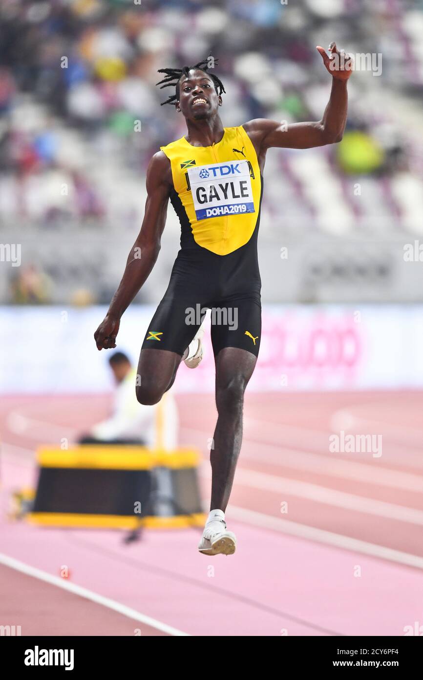 Tajay Gale (Giamaica) vince la medaglia d'oro nel salto in lungo finale degli uomini. IAAF mondiale di atletica, Doha 2019 Foto Stock