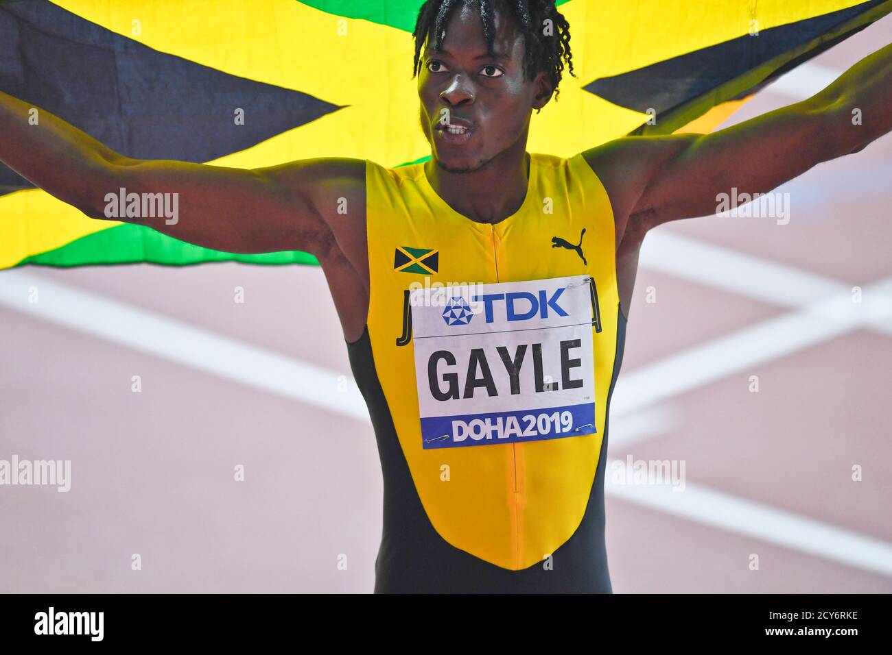 Tajay Gayle (Giamaica) vince la medaglia d'oro nella finale di Long Jump Men. IAAF World Athletics Championships, Doha 2019 Foto Stock