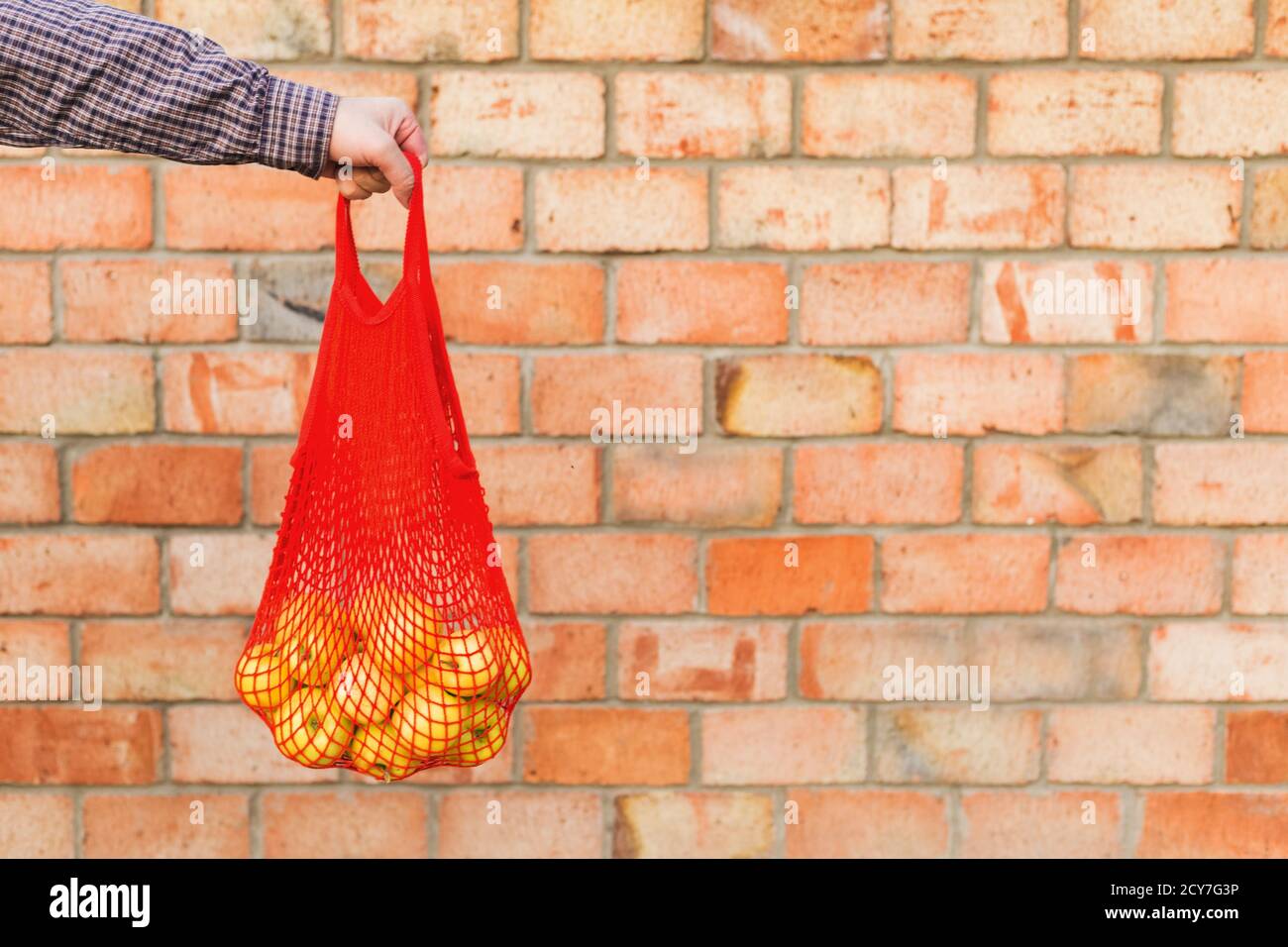 Freschi organici mature mele verdi in maglia di shopping bag in mani maschili per alimenti o di succo di mela. Sfondo mattone con copia spazio. Rifiuti Zero, plastica libera Foto Stock