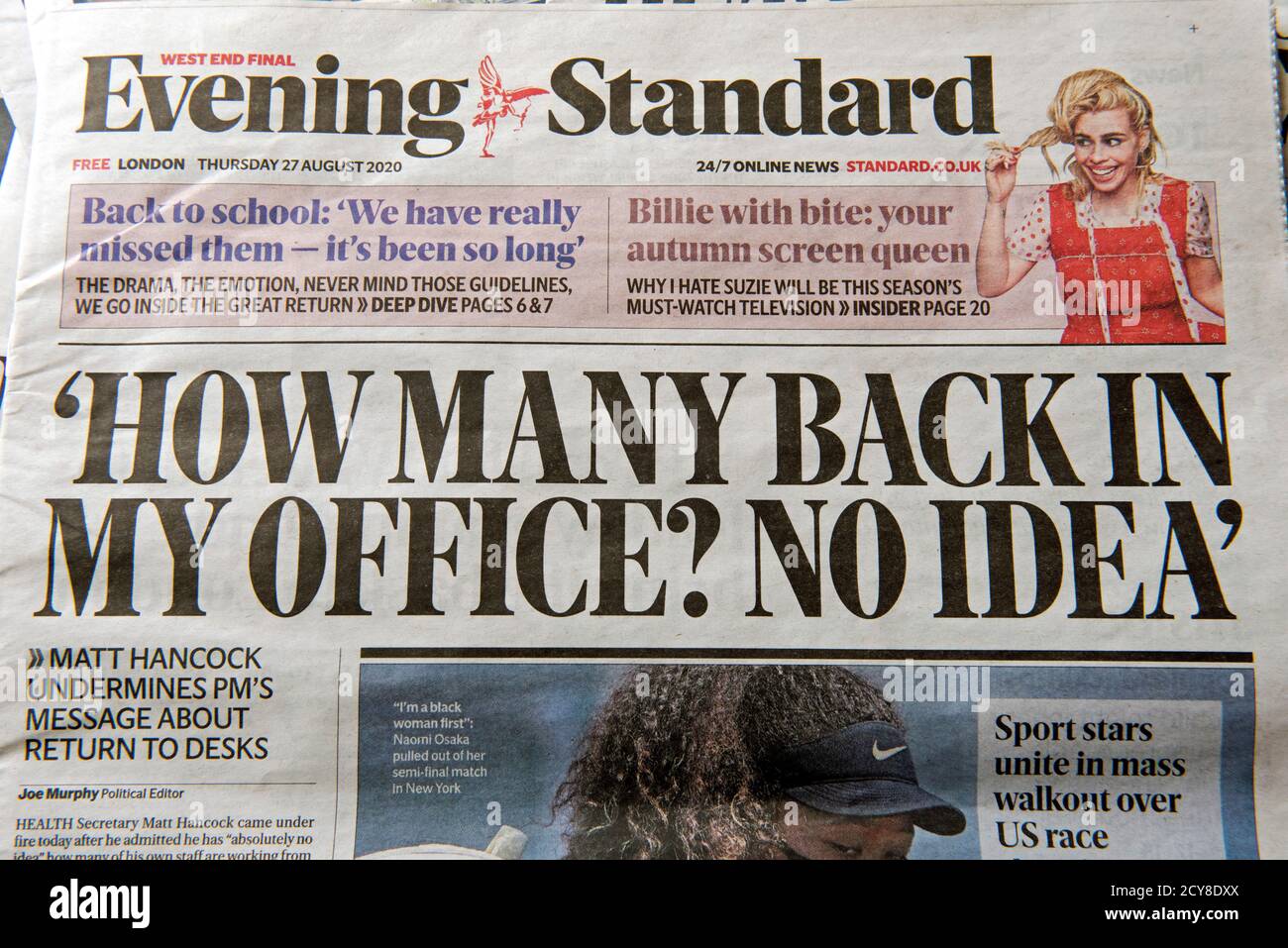 Headline Evening Standard - quanti nel mio ufficio? Nessuna idea datata 27 agosto 2020 Foto Stock