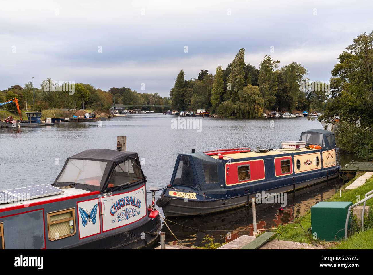 Vista sul Tamigi verso l'isola di Platt Eyot a Hampton West London nell'autunno 2020. Londra, Inghilterra, Regno Unito Foto Stock