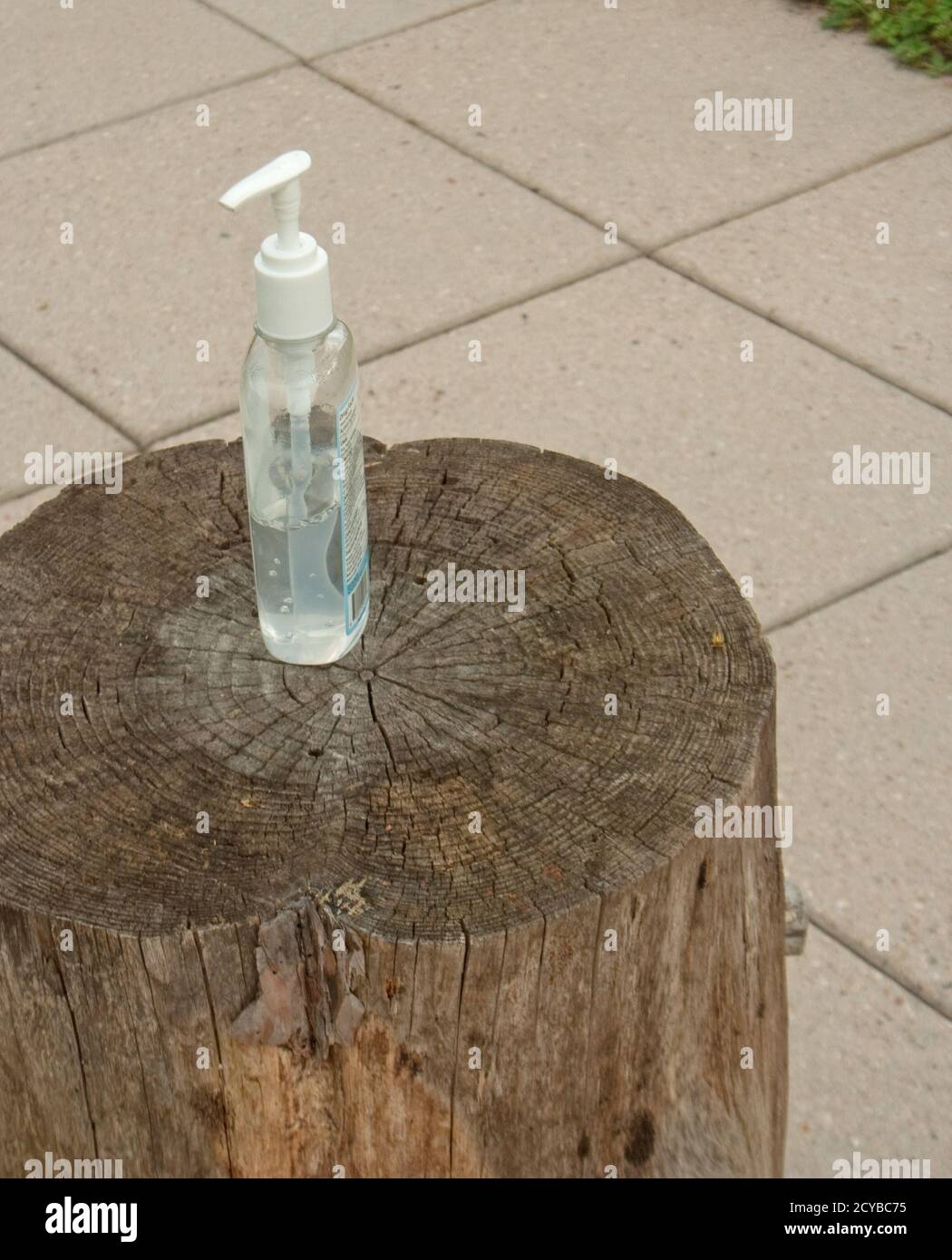 Disinfettante per le mani su protezione del log Covid Foto Stock