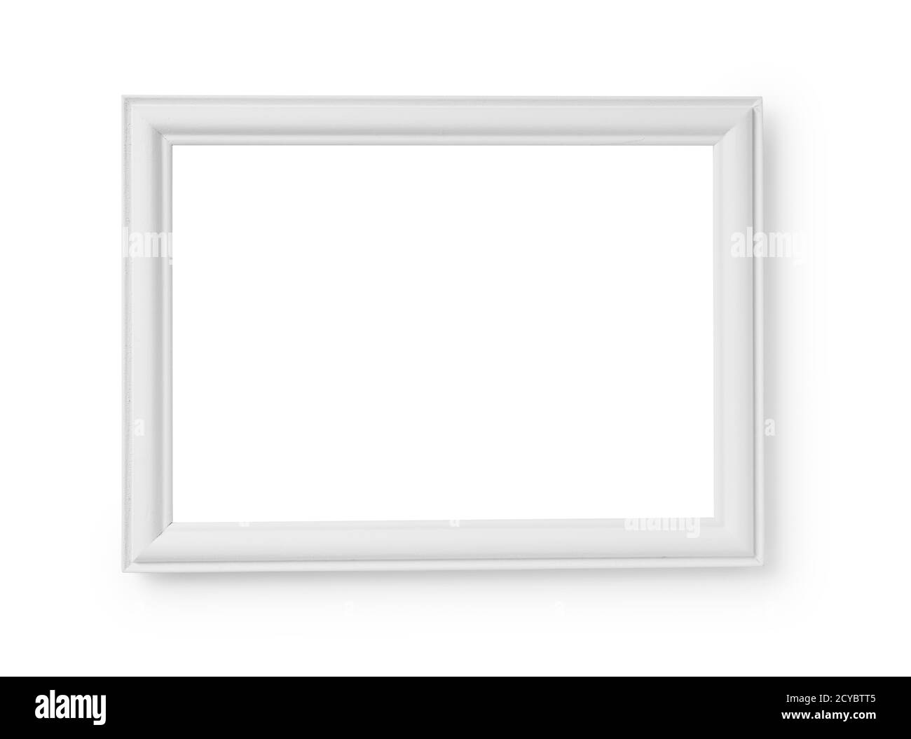 Cornice in legno bianco su sfondo bianco Foto Stock