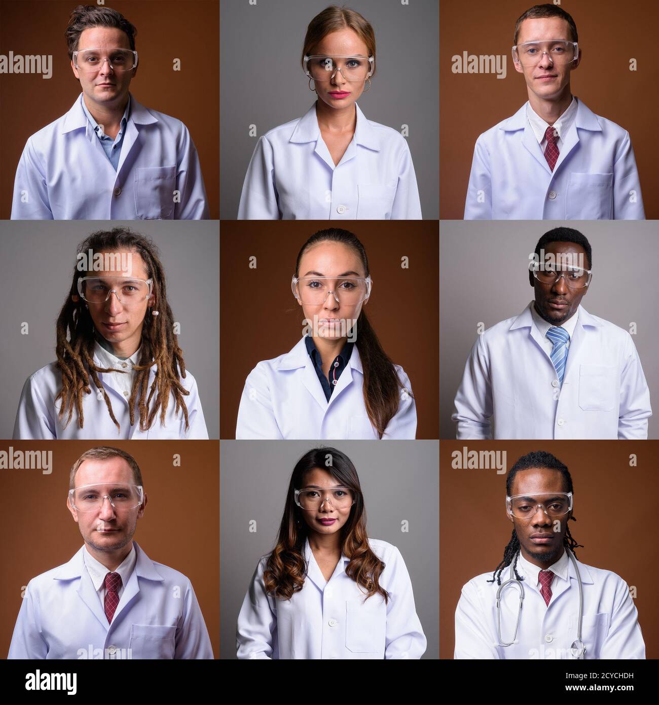 Collage di diversi scienziati multietnici e di età mista Foto Stock