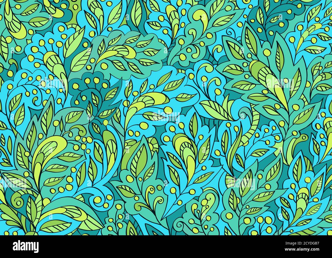 Vettoriale motivo floreale colorato di sfondo disegnato a mano. Sfondo verde e blu. Illustrazione Vettoriale