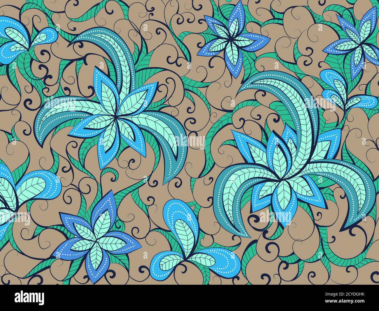 Motivo di sfondo floreale disegnato a mano vettoriale. Sfondo marrone chiaro, blu e verde. Illustrazione Vettoriale