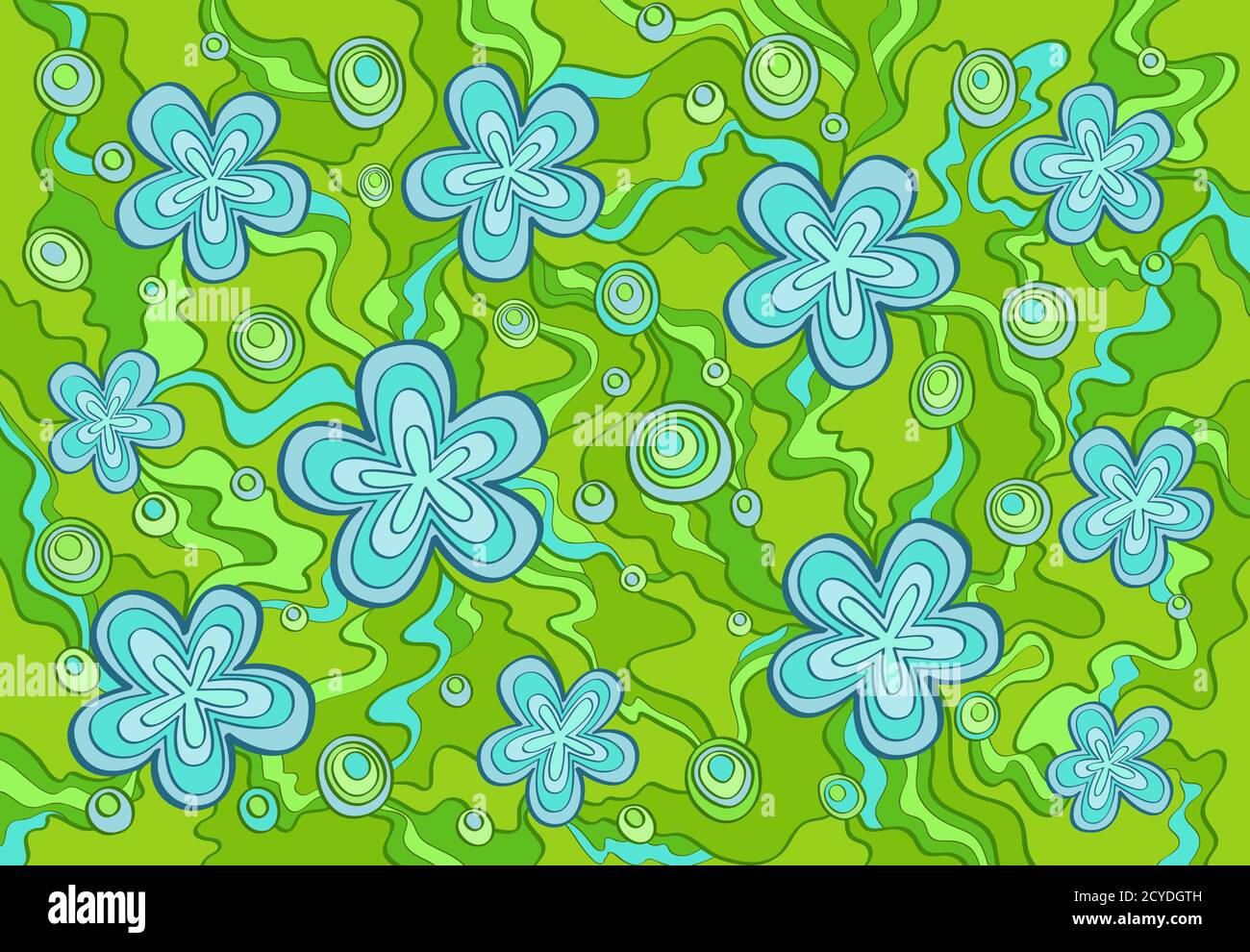 Motivo di sfondo floreale disegnato a mano vettoriale. Sfondo blu chiaro e verde. Illustrazione Vettoriale