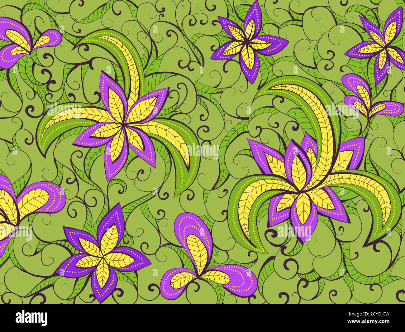 Motivo di sfondo floreale disegnato a mano vettoriale. Sfondo verde, viola e giallo. Illustrazione Vettoriale