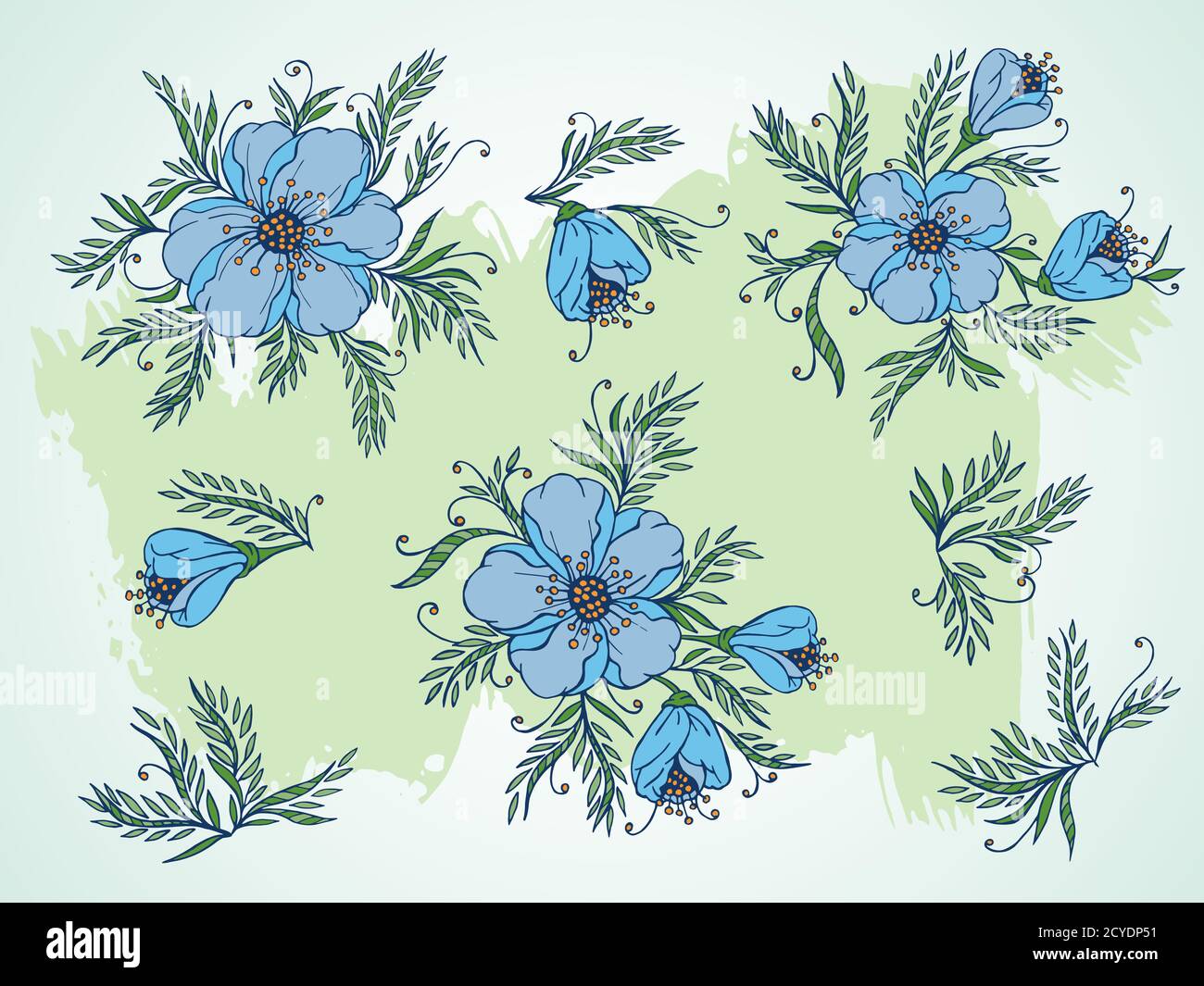 Insieme vettoriale di fiori, rami e foglie disegnati a mano su sfondo testurizzato. Nei colori blu e verde. Illustrazione Vettoriale