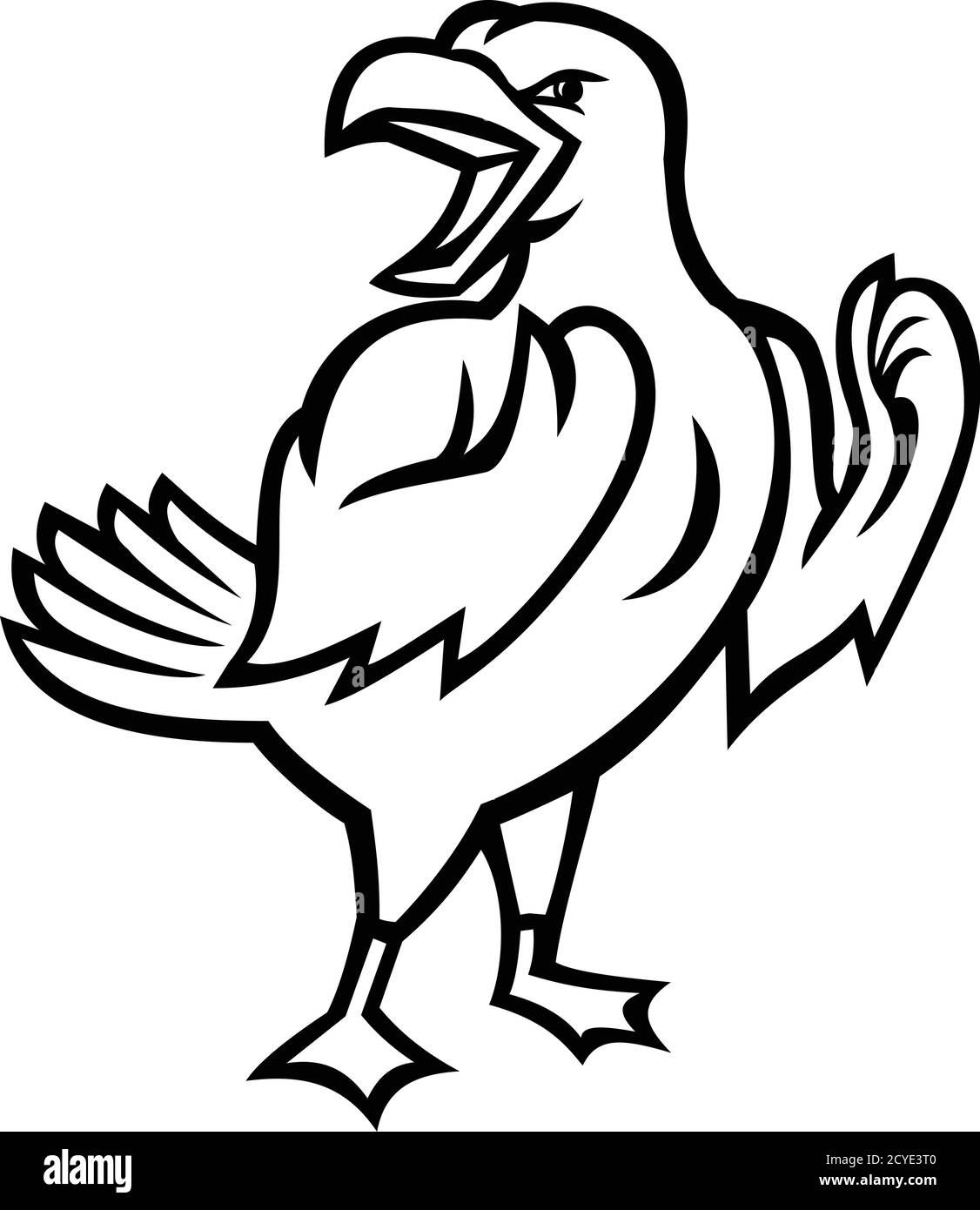 Mascot nero e bianco illustrazione di un gabbiano o gabbiano a zampe gialle arrabbiato, un vascate medio-grande, preparandosi per un combattimento visto da lato su è Illustrazione Vettoriale