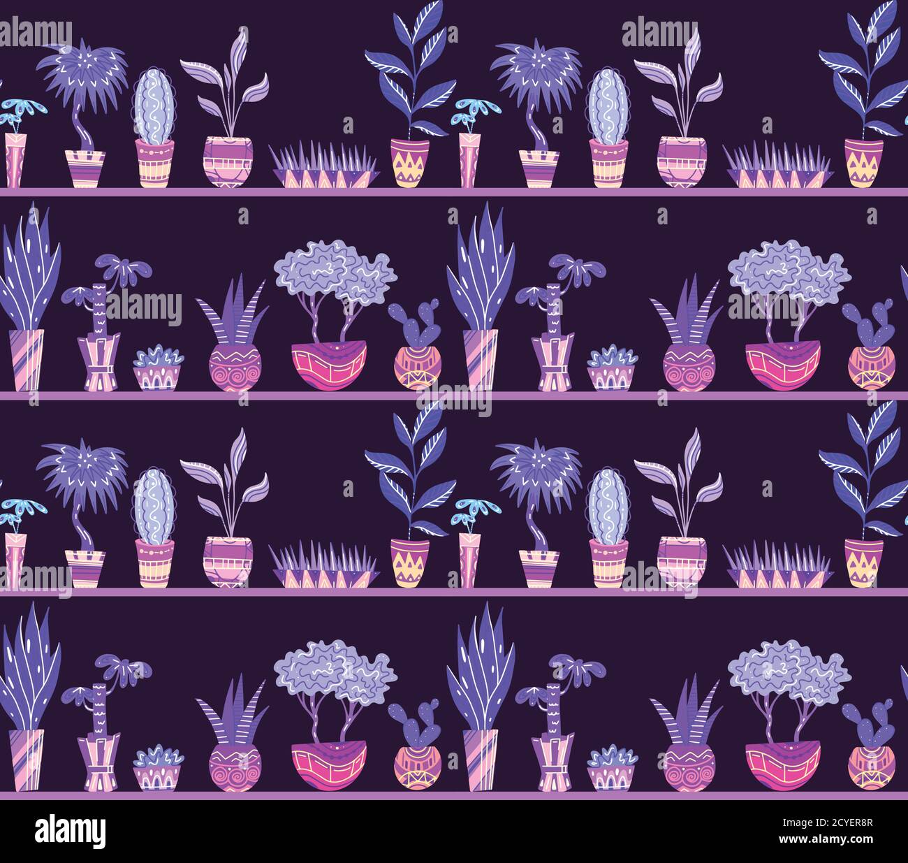 Texture al neon senza cuciture con fiori di casa cartoon in pentole con decorazioni su mensole. Oggetti separati dallo sfondo. Modello vettoriale per fotogrammi, Illustrazione Vettoriale