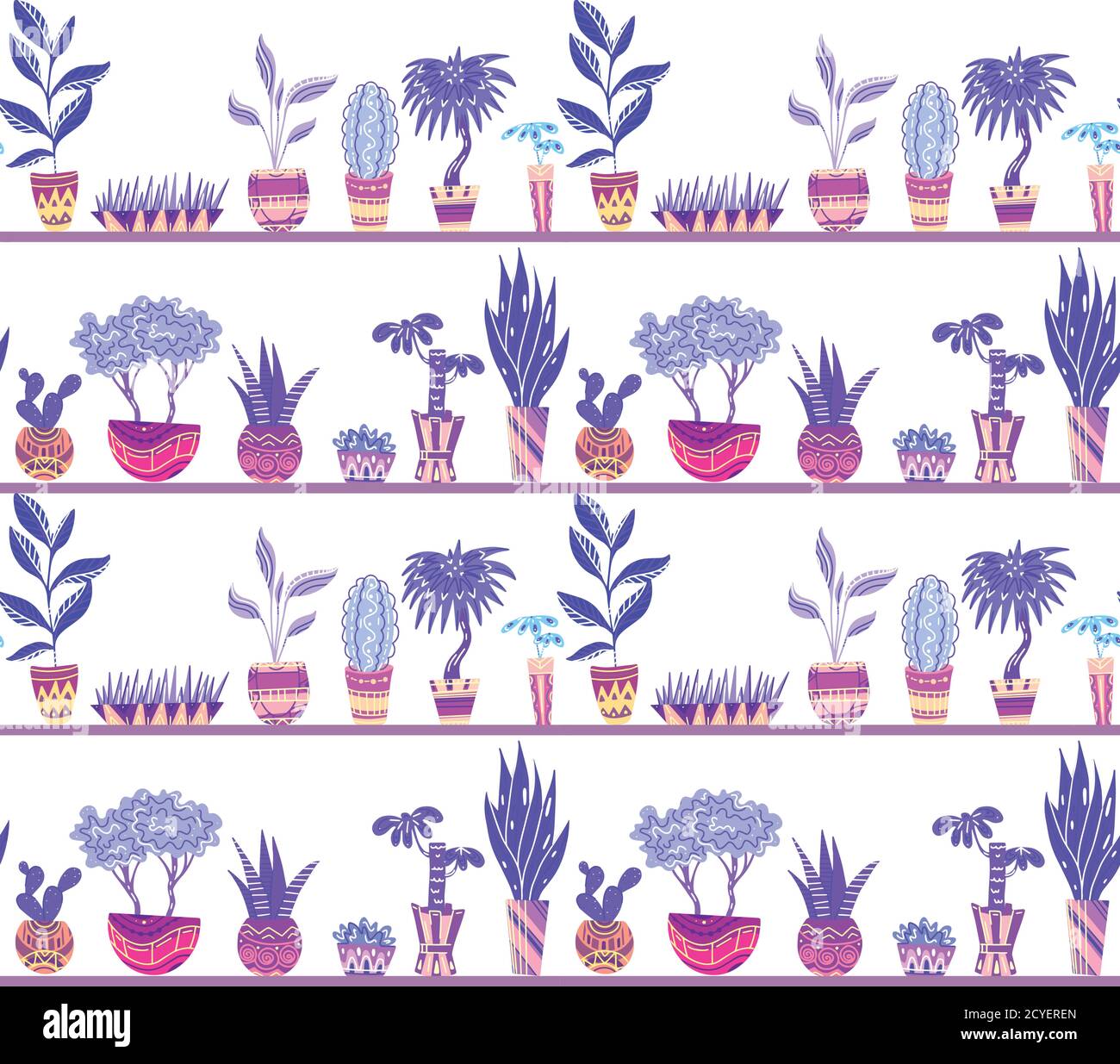 Texture al neon senza cuciture con fiori di casa cartoon in pentole con decorazioni su mensole. Oggetti separati dallo sfondo. Modello vettoriale per fotogrammi, Illustrazione Vettoriale