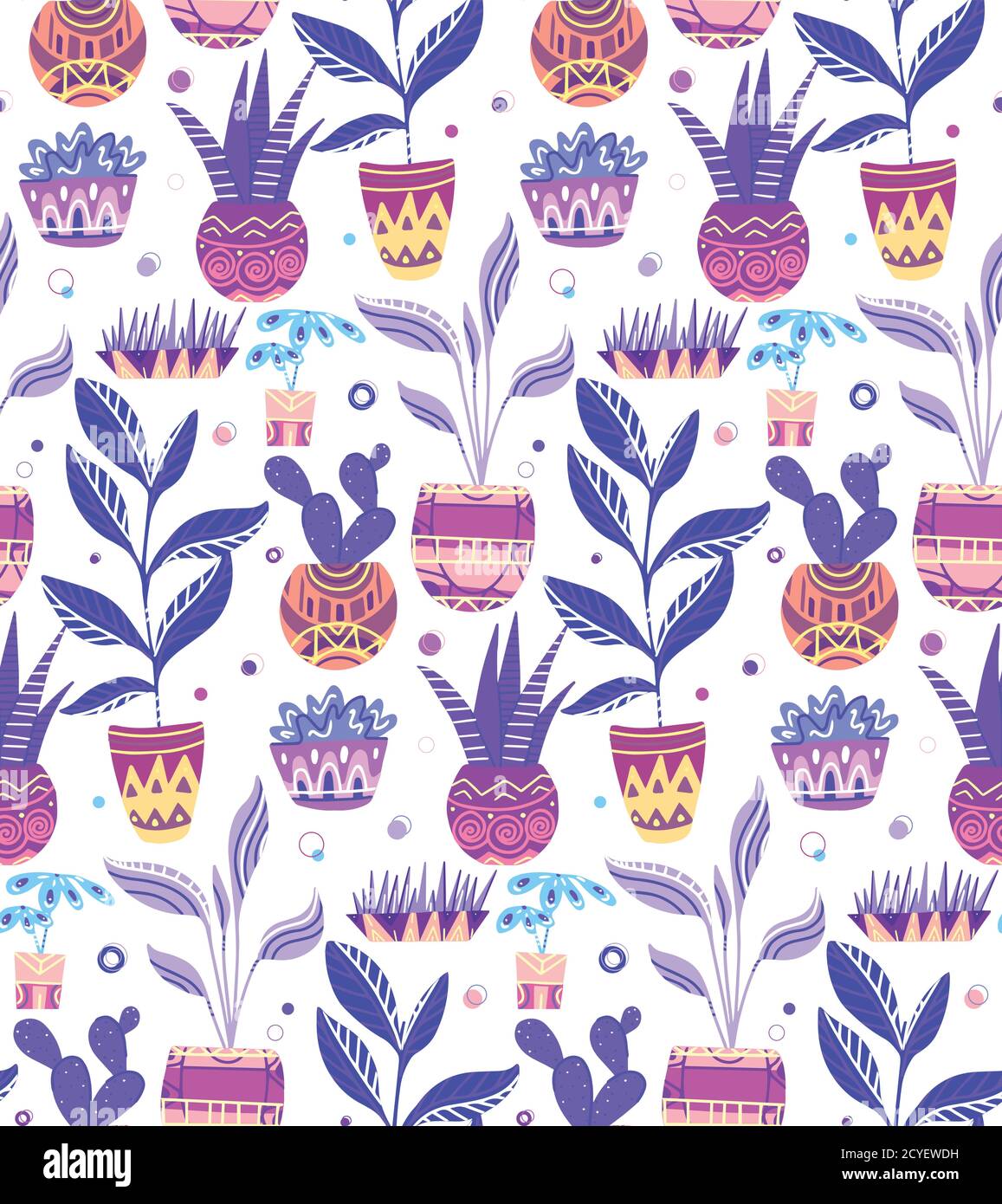 Texture senza cuciture al neon con di fiori di casa cartoon in pentole con decorazioni su sfondo bianco. Modello vettoriale per tessuti, sfondi, sfondi a Illustrazione Vettoriale