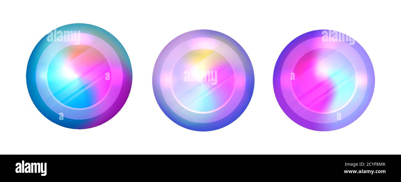 Set di striscioni olografici rotondi. Elementi arcobaleno sfocati. L'obiettivo della fotocamera. Cerchi vettoriali per il progetto. Illustrazione Vettoriale