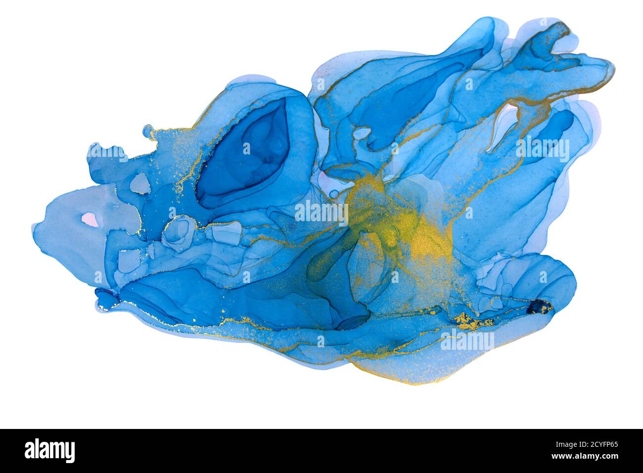 Inchiostro blu e oro tessuto isolato su sfondo bianco. Texture acquerello stile oceano. Foto Stock