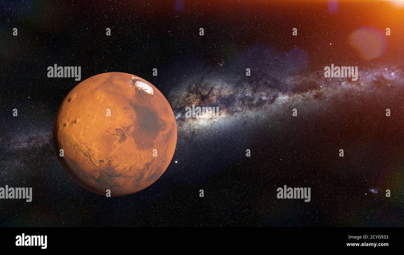 Marte, il pianeta rosso del sistema solare di fronte alla Via Lattea Foto Stock