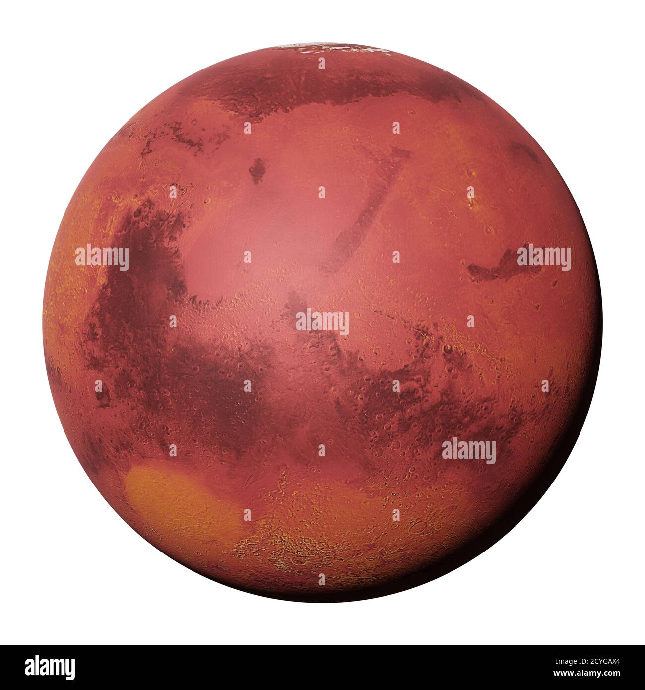 Il pianeta rosso Marte in colori naturali isolato sul bianco sfondo Foto Stock