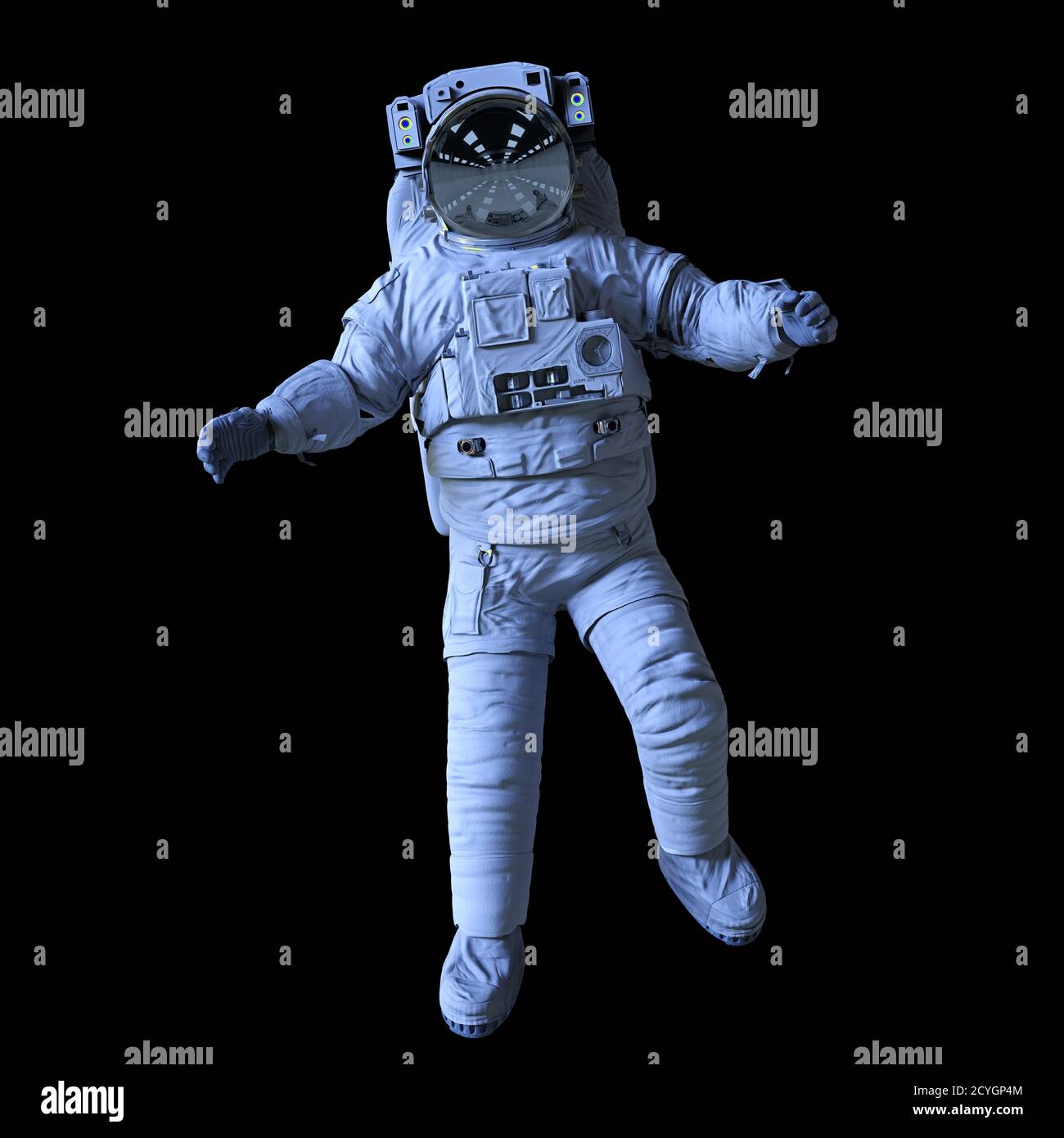 astronauta durante la camminata spaziale, isolato su sfondo nero Foto Stock