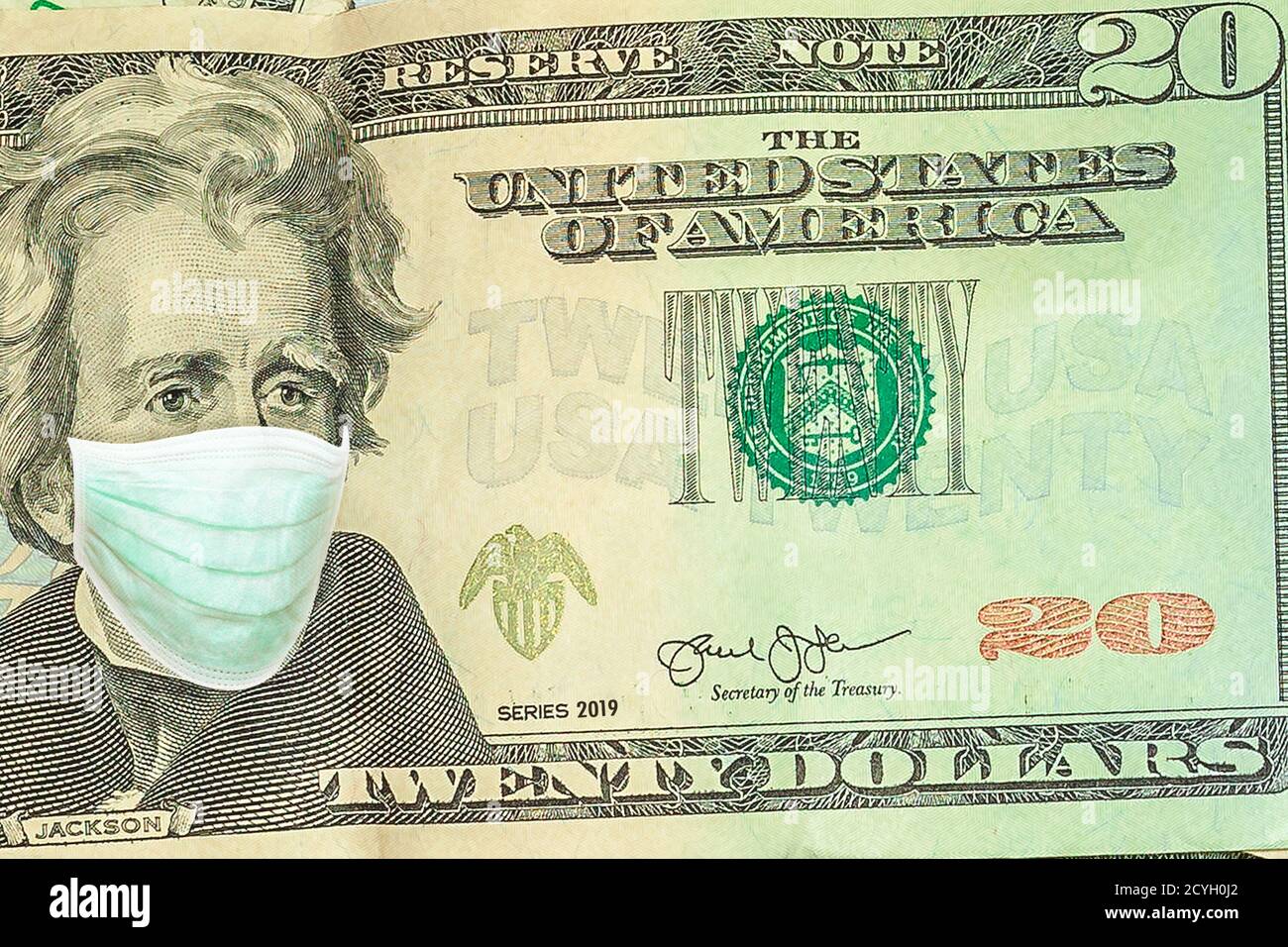 Business Concept of Covid 19 NCP virus pandemic in United States. Covid-19 focolaio di Coronavirus e la finanza americana. Maschera chirurgica su Andrew Foto Stock