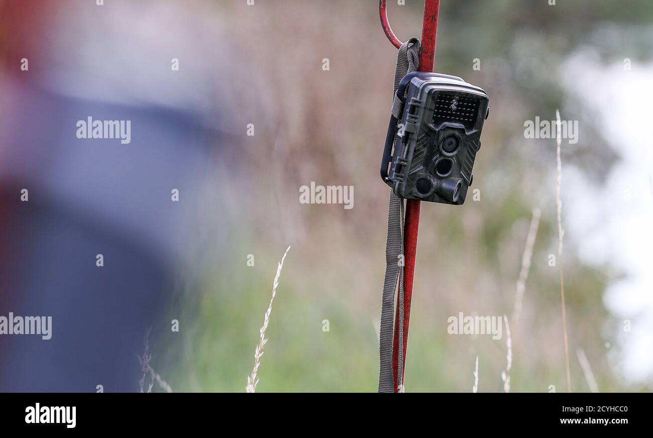 16 settembre 2020, Turingia, Schönewerda: Due macchine fotografiche della fauna selvatica sono installate come trappole della foto sulle rive del Unstrut. Foto: Jan Woitas/dpa-Zentralbild/ZB Foto Stock