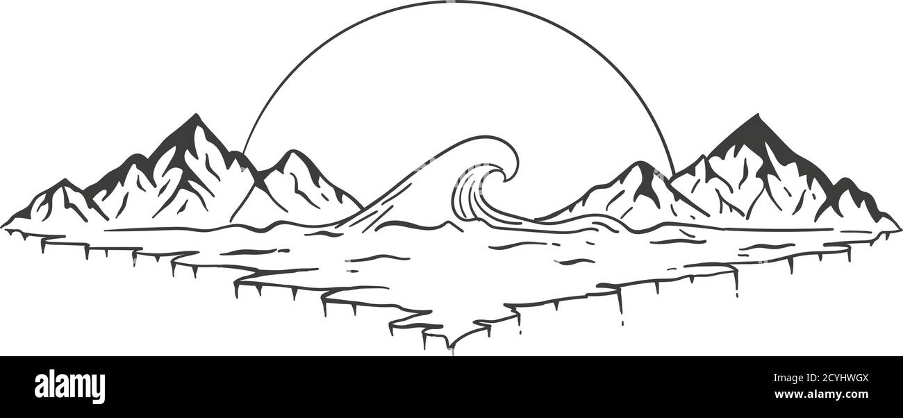 Montagne, oceano e sole in un rhombus. Illustrazione Vettoriale
