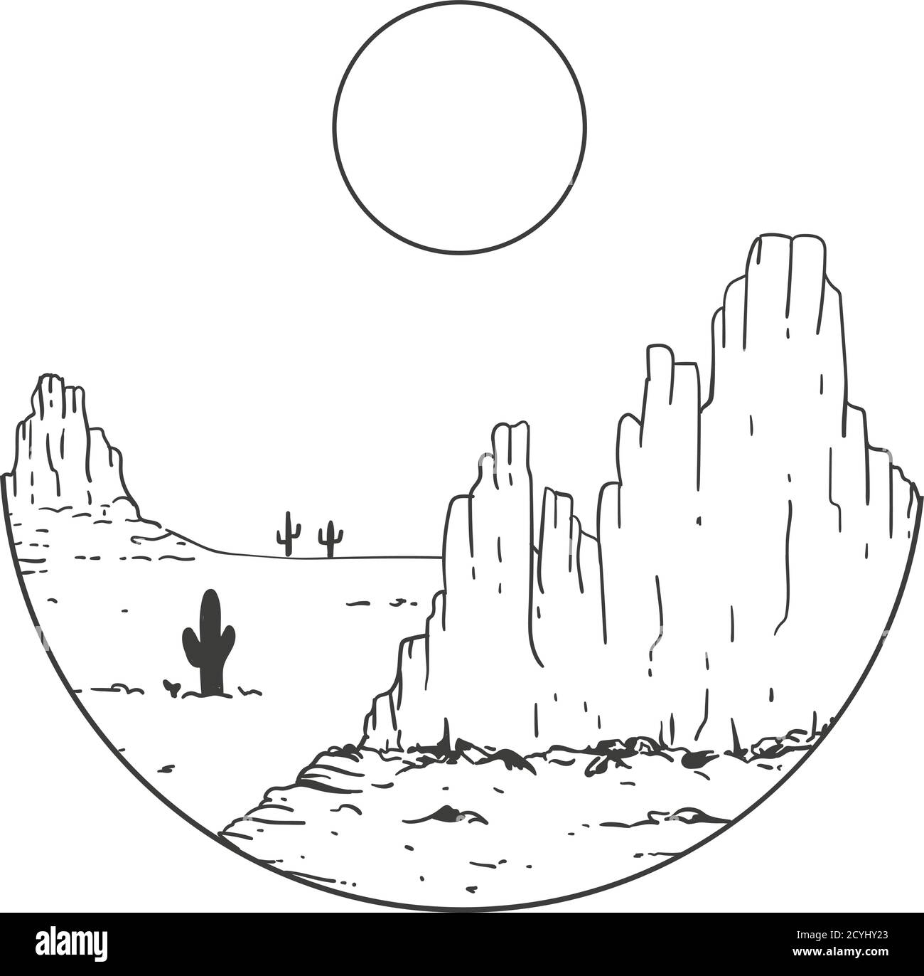 Deserto, cactus e sole - paesaggio in un cerchio. Illustrazione Vettoriale