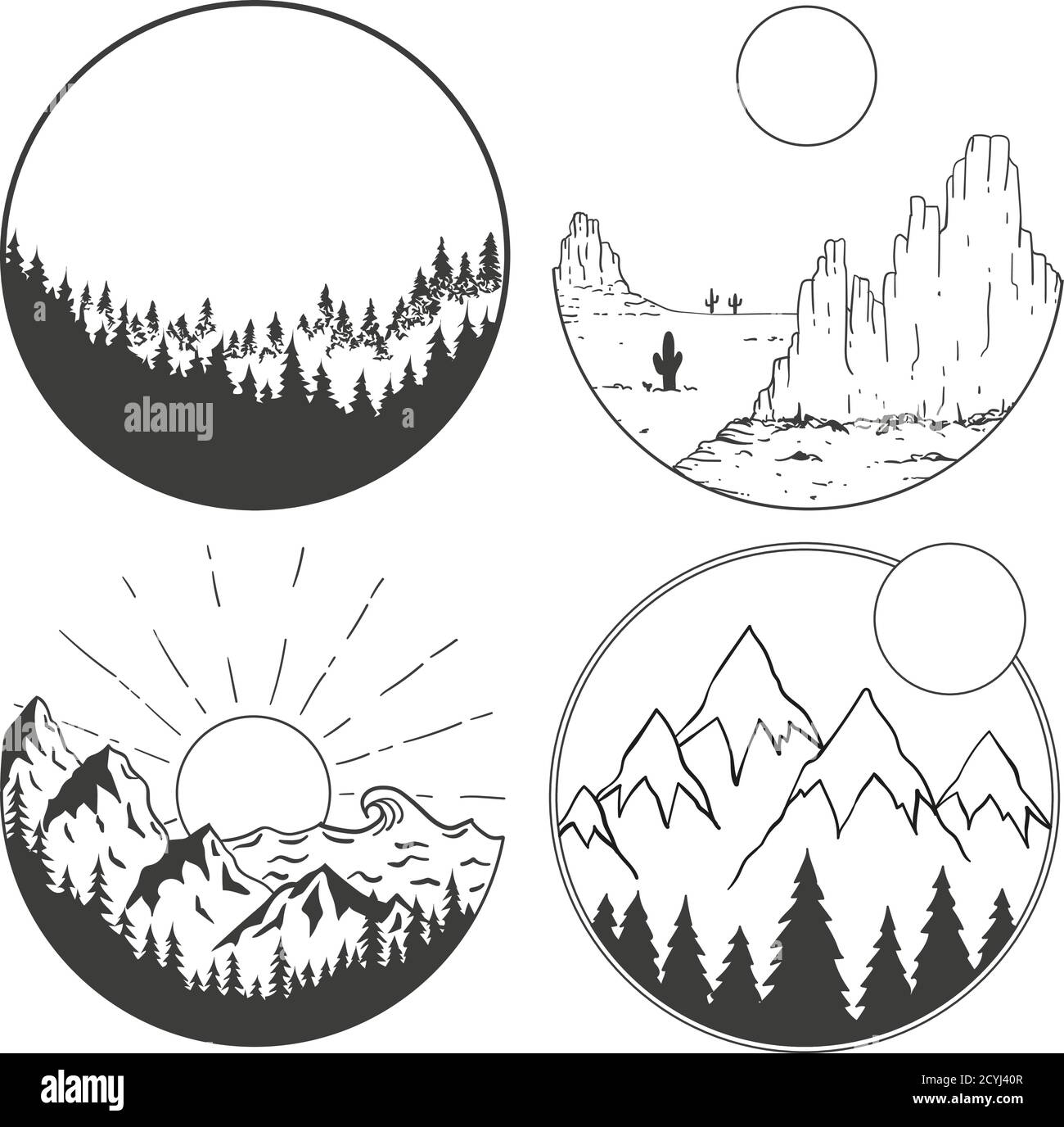Montagne, sole e nuvole in forme geometriche. Illustrazione Vettoriale