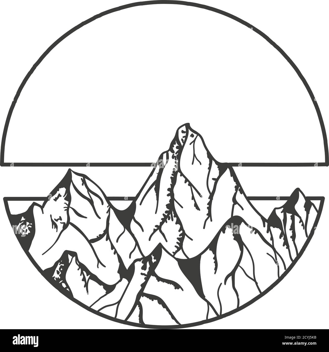 Montagna e nuvole incise in un cerchio. Illustrazione Vettoriale