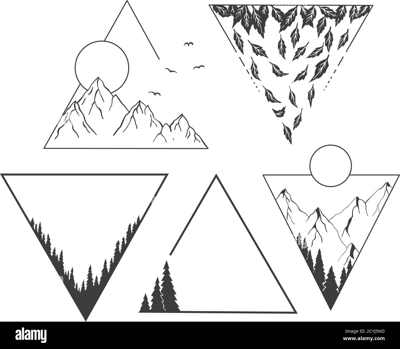 Montagne, foreste e sole in forme geometriche. Illustrazione Vettoriale