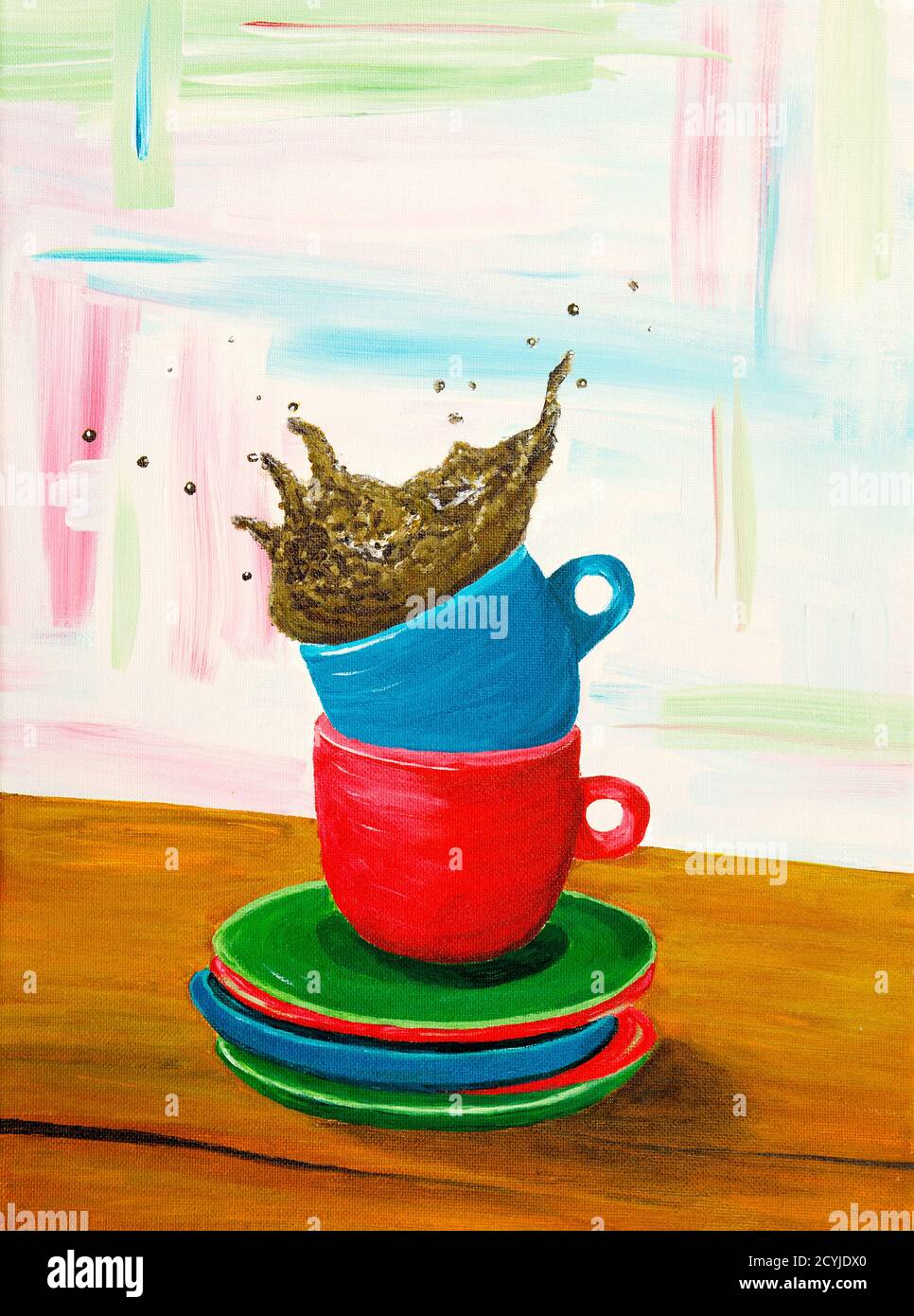 Originale pittura astratta acrilica di tazze blu e rosse che versano il caffè e che creano spruzzi su canvas.Modern Impressionism, modernism, marinism Foto Stock