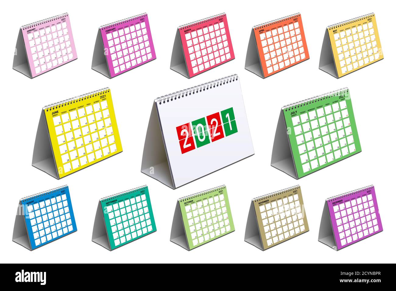 Calendario da tavolo colorato di 12 mesi isolato su bianco. Foto Stock