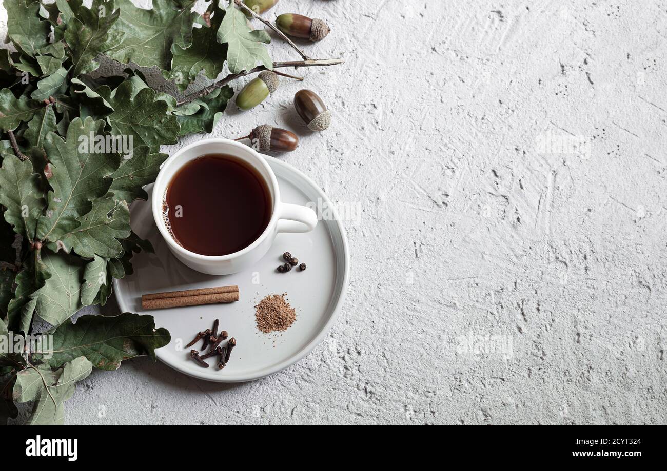 Tazza di caffè acorno, ghiande e foglie di quercia verde su sfondo grigio. Un'alternativa al caffè tradizionale, una sana bevanda calda casalinga ecologica Foto Stock