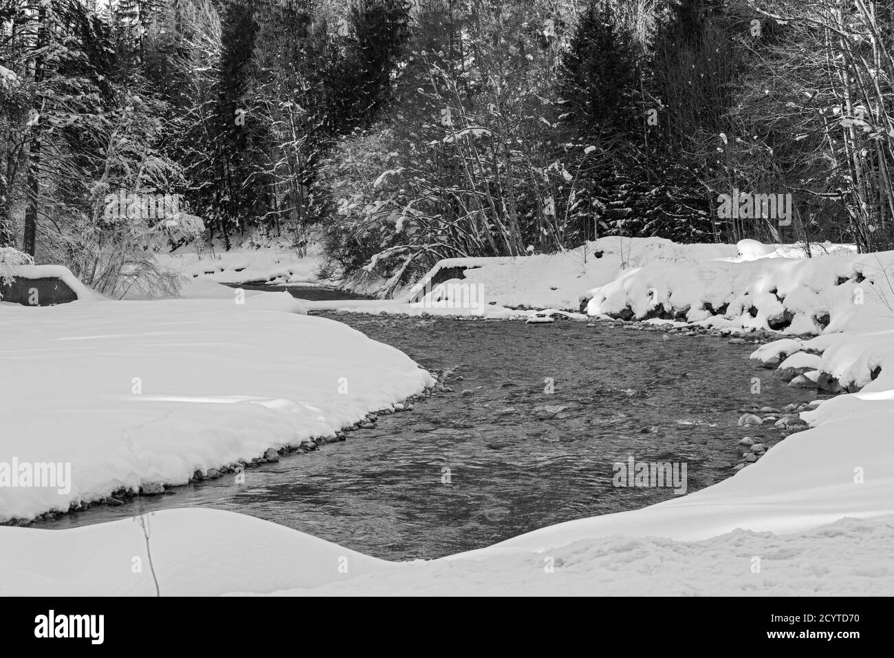 Trettachtal, Bach, Waldrand, schneebedeckt, Oberstdorf, Allgaeuer Alpen Foto Stock