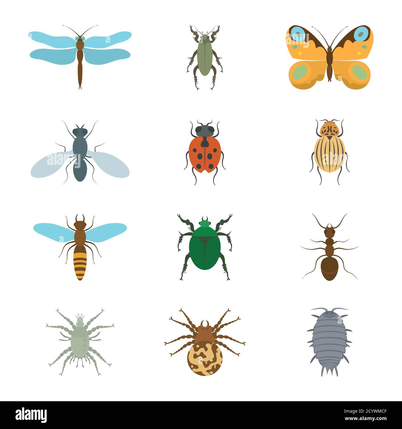 Icone set insetti piano - libellula, scarabeo, farfalla, mosca, ladybug, scarabeo koroladskij, vespo, bronzovik ant, zecca, un ragno, serra di legno, vettore Illustrazione Vettoriale